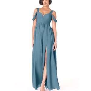 Azazie Steel Blue Chiffon Cold Shoulder Bridesmaid Dress A14 V-Neck Maxi Slit